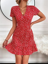 Printed Ruffled Hem V-Neck Short Sleeve Mini Dress Woman Casual Dress