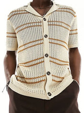 Men's Striped Collared Neck Hollow Out Shirt Khaki Mens Tops