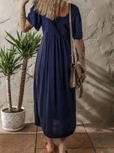 V Neck Buttoned Front Shirred Back Short Sleeve Midi Dress Woman Casual Dress