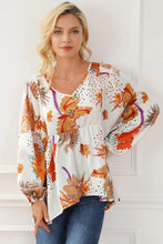Printed V-Neck Smocked Balloon Sleeve Blouse Woman Blouses