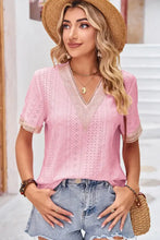 Eyelet V-Neck Short Sleeve T-Shirt Blush Pink Woman T Shirts