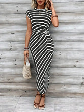 Striped Round Neck Cap Sleeve Midi Dress Black Casual Dresses