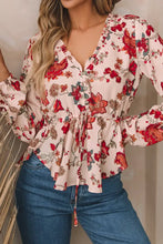 Floral V-Neck Drawstring Peplum Blouse Woman Blouses