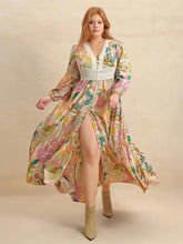 Plus Size Lace Detail Printed V-Neck Balloon Sleeve Dress Maxi Dresses