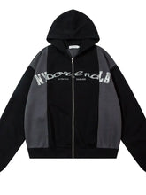 Men's Color Block Letter Graphic Zip-Up Hoodie Black Mens Tops