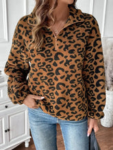 Leopard Half Zip Long Sleeve Sweatshirt Brown Woman Sweatshirts