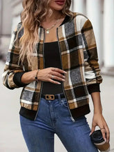 Plus Size Plaid Baseball Collar Zip Up Jacket Woman Outerwear