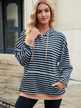 Drawstring Contrast Striped Long Sleeve Hoodie Dusty Blue Woman Sweatshirts