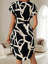 Abstract Print Belted Short Sleeve Midi Dress Woman Casual Dress
