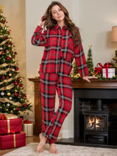 Plaid Collared Neck Long Sleeve Top and Pants Lounge Set Deep Red Woman Loungewear Sets