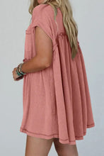 Corded Knit Textured Patched Pocket Frilled Swing Mini Dress with Pockets Casual Dresses