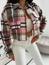 Pocketed Collared Neck Long Sleeve Plaid Jacket Woman Outerwear