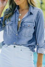 Pocketed Collared Neck Long Sleeve Denim Top Woman Denim Tops