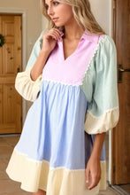 Striped Patchwork Ric Rac Puff Sleeve Collared Mini Dress Multicolor Casual Dresses