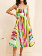 Colorful Striped Spaghetti Strap Midi Dress Yellow Woman Casual Dress