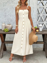 Smocked Button Front Tie Shoulder Dress Cream Woman Maxi Dress