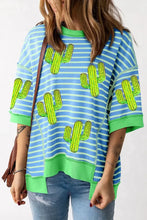Cactus striped round neck half sleeve T-shirt in blue stripes with green cacti
