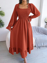 Smocked Square Neck Flounce Sleeve Dress Orange-Red Woman Maxi Dress