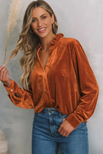 Notched Frill Detail Long Sleeve Blouse Brown Woman Blouses