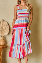 Contrast Stripe Wide Strap Smocked Tiered Dress Woman Casual Dress
