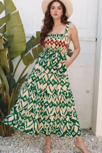 Western Aztec Shirred A-line Sleeveless Maxi Dress Dark Green Woman Maxi Dress