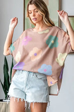 HOPELY Full Size Floral Round Neck Side Slit Waffle T-Shirt Woman T Shirts