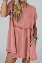 Corded Knit Textured Patched Pocket Frilled Swing Mini Dress with Pockets Dusty Pink Casual Dresses