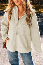 Drawstring Zip Up Long Sleeve Hooded Jacket Ivory Woman Outerwear