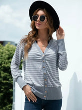 Striped Snap Down Long Sleeve Cardigan Cloudy Blue Woman Outerwear