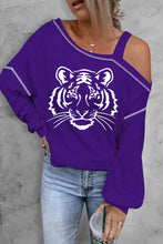 Tiger Graphic Long Sleeve Asymmetrical Neck Top Violet Woman Blouses
