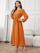 Mustard yellow tie waist puff sleeve maxi dress in satin