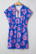 Floral Print Zip Collar Drawstring Summer Mini Dress Woman Dress