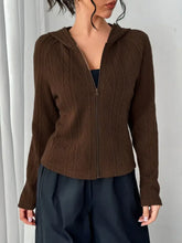 Texture Zip Up Long Sleeve Hooded Outerwear Chocolate Woman Outerwear