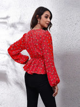 Floral V-Neck Balloon Sleeve Peplum Blouse Woman Blouses