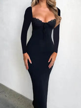 Devine Slit Lace Detail Sweetheart Neck Long Sleeve Maxi Dress Woman Maxi Dress