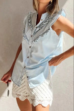 Frill Button Down Ruffled Cap Sleeve Denim Top Woman Denim Tops