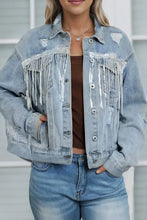 Sequin Fringe Trim Distressed Button Up Denim Jacket Woman Outerwear