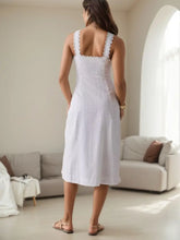 Lace Trim Button Front Square Neck Midi Dress Casual Dresses