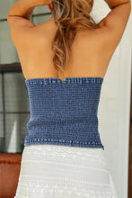 Bow Smocked Back Denim Tube Woman Denim Tops