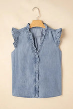 Frilly Ruffle Trim V Neck Chambray Tank Woman Denim Tops