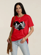 FAM-FAM Cat Round Neck Dropped Shoulder T-Shirt Deep Red Woman T Shirts