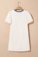 Stripe Seersucker Contrast Round Neck Puff Sleeve T Shirt Dress Woman Casual Dress