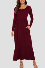 Round Neck Long Sleeve Pocketed Maxi Dress Burgundy Woman Maxi Dress