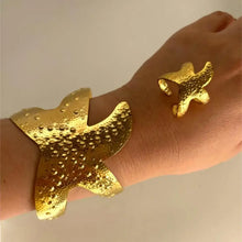 18K Gold-Plated Starfish Open Bracelet and Ring Jewelry Set Fashion Jewelry