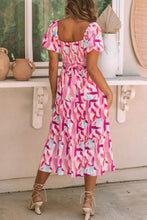 Geometric Print Puff Sleeve Square Neck Midi Dress Casual Dresses