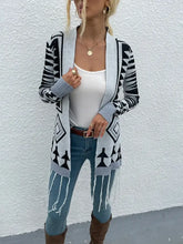 Shiny Geometric Fringe Hem Open Front Cardigan Cloudy Blue Woman Outerwear