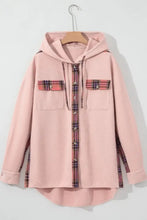 Waffle Knit Plaid Patchwork Drawstring Hooded Shacket Woman Outerwear