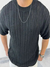 Men's Openwork Round Neck Knit T-Shirt Black Mens Tops