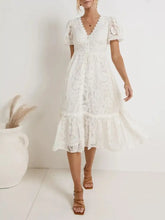 Lace V-Neck Short Sleeve Dress White Casual Dresses