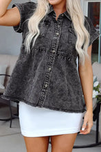 Short Sleeve Flap Pocket Button Up Raw Hem Denim Shirt Woman Denim Tops